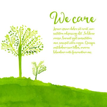 Green eco background with hand painted trees, grass and text we