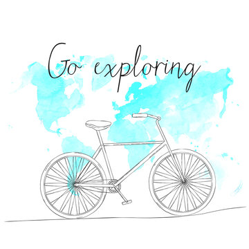 Hand drawn sketch bicycle on world map background and text go