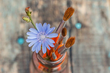 Brushes and flower in a glass jar on the board