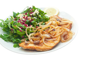 fried turkey fillet with mixed greens and lemon
