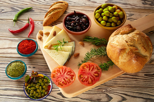 Mediterranean food bread oil olives cheese