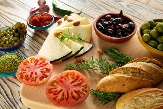 Mediterranean food bread oil olives cheese