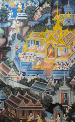 Thai mural painting of the life of Buddha on temple wall, Thailand