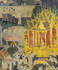 Thai mural painting of the life of Buddha on temple wall, Thailand © boonsom