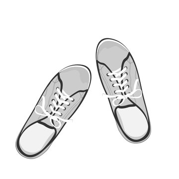 Black and white, gray sport gumshoes. Realistic flat illustration isolated on white background. View from above