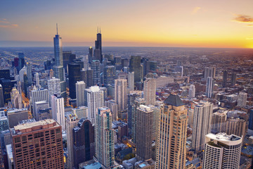 Chicago. Aerial view of Chicago downtown at twilight from high above. - obrazy, fototapety, plakaty