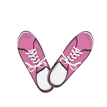 Bright pink sport gumshoes. Realistic flat illustration isolated on white background. View from above