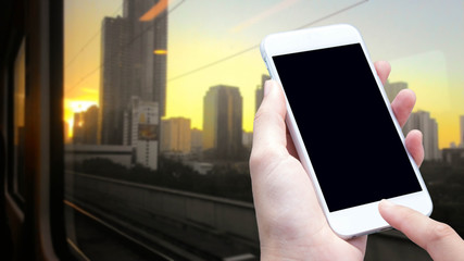 woman hand hold and touch screen smart phone