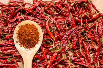 red dried chili pepper and chili flakes on wooden spoon