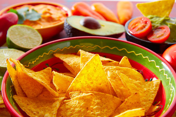 Mexican food nachos and guacamole chili sauce