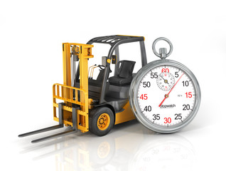 Forklift truck with stopwatch. Fast shipping. Fast loading.