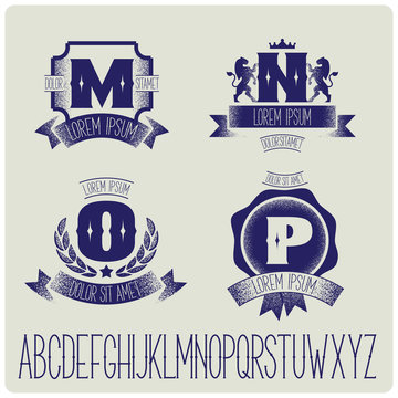 Set of heraldic logo with gothic font. MNOP