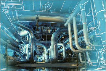 Sketch of piping design mixed to power plant photo