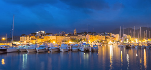 Panorama of beautiful Saint Florent town and harbour, Corsica
