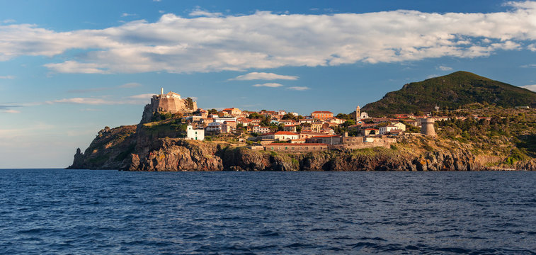 Panorama of Capraia harbour and town from the sea, Elba