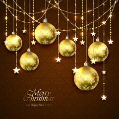 Fototapeta na wymiar Golden Christmas balls and stars on brown background