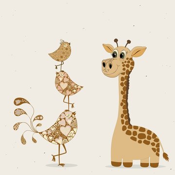 Cute cartoon giraffe and birds
