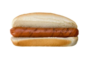 Fotobehang Grilled Hot Dog in Bun – A grilled hot dog on plain white hot dog bun. No condiments. Isolated on white with clipping path. © Cathleen
