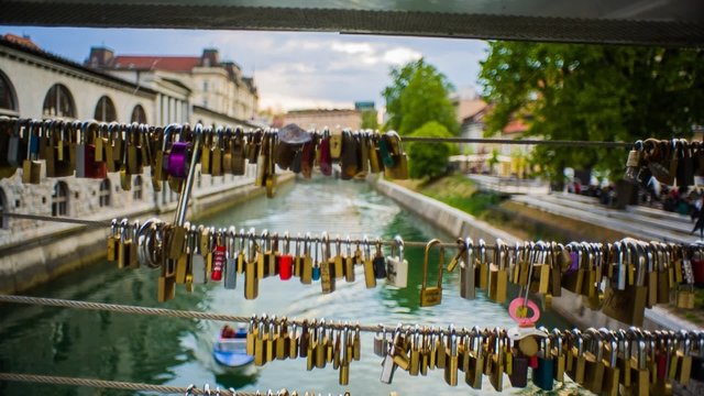 Jib Shoot of River To Love Locks on Bridge Fence