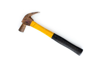 Old rusty hammer isolated on white