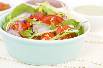 Mixed Leaf & Vegetable Summer Salad - Salad with tomatoes, rocket, lettuce, red onions and peppers.