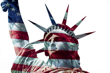 Statue of liberty closeup with overlapping USA flag