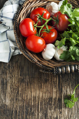 Fresh tomatoes, garlic and cilantro in Basket.