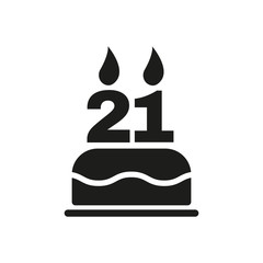 The birthday cake with candles in the form of number 21 icon. Birthday symbol. Flat