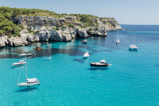 Stunning view of Macarella bay and azure sea water, Menorca, Bal