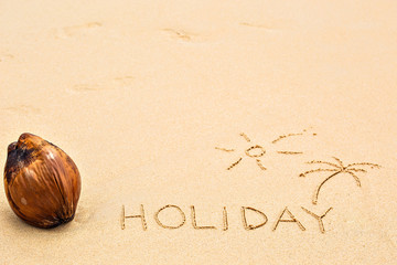 Inscription of the word Holiday and palm tree under the sun draw