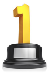 First place gold trophy cup with empty sign isolated on white.