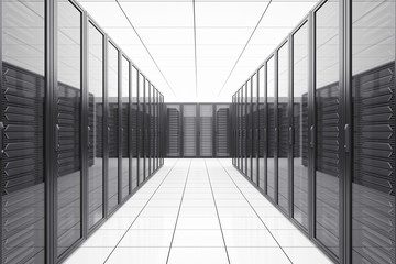 Data center with network servers in futuristic room.