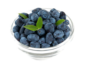 Honeysuckle berries in a bowl isolated on white