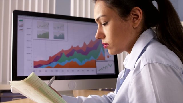 Mexican businesswoman writing notes by computer