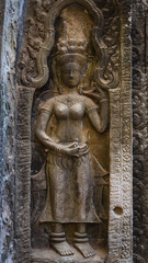 Fototapeta na wymiar Detail Carvings of Devata in Ta Prohm Temple
