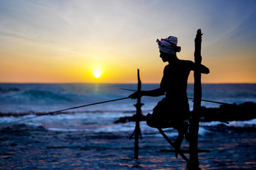 Fototapeta premium In Sri Lanka, a local fisherman is fishing in unique style in the evening.