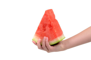 child hand holding a slice of seedless watermelon isolated on white background