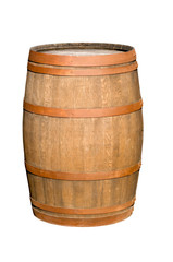 Fototapeta premium Wooden barrel with iron rings. Isolated on white background.