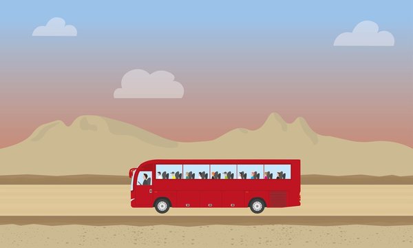 Touristic bus with kids in desert