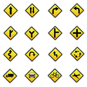 yellow road signs, traffic signs vector set on white background