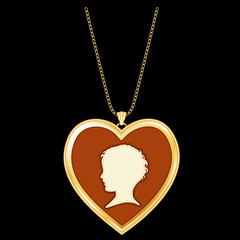 Gold Heart Locket Jewelry, child's vintage cameo keepsake profile silhouette, chain necklace