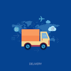 Online shopping and purchase delivery. Lorry or truck over world