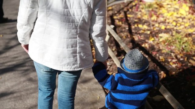 mother and toddler walking through the zoo