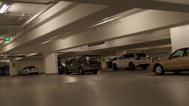 Underground parking garage panning shot