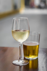 fried anchovies, white wine and beer at a street bar, Seville, Spain