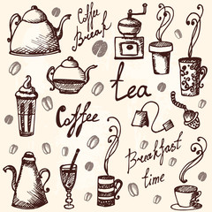 hand-drawn doodles cofee and tea set.