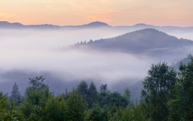 Naklejka na ściany i meble Beautiful sunrise with the morning mist