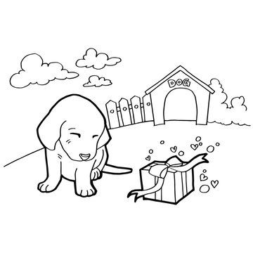 Coloring book with dog and landscape