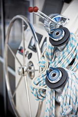 Fototapeta na wymiar Winches and ropes, sailing yacht detail