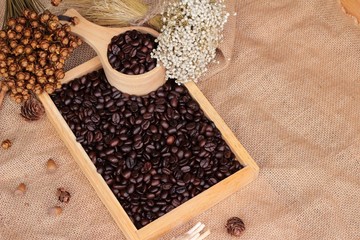 Roasted coffee beans on sack brown background.